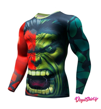 Déguishirt Hulk vert et rouge : T-shirt Déguisement Avengers Marvel (manches longues)